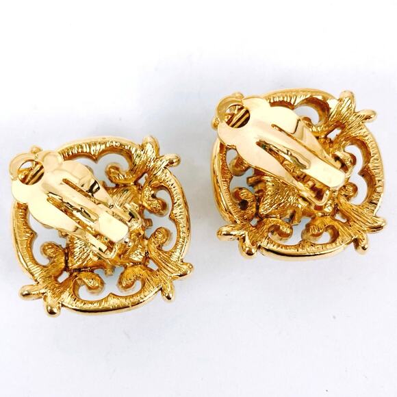 Vintage Signed Joan Rivers Gold Tone Aqua Glass AB Filigree Clip-On Earrings - Picture 9 of 13